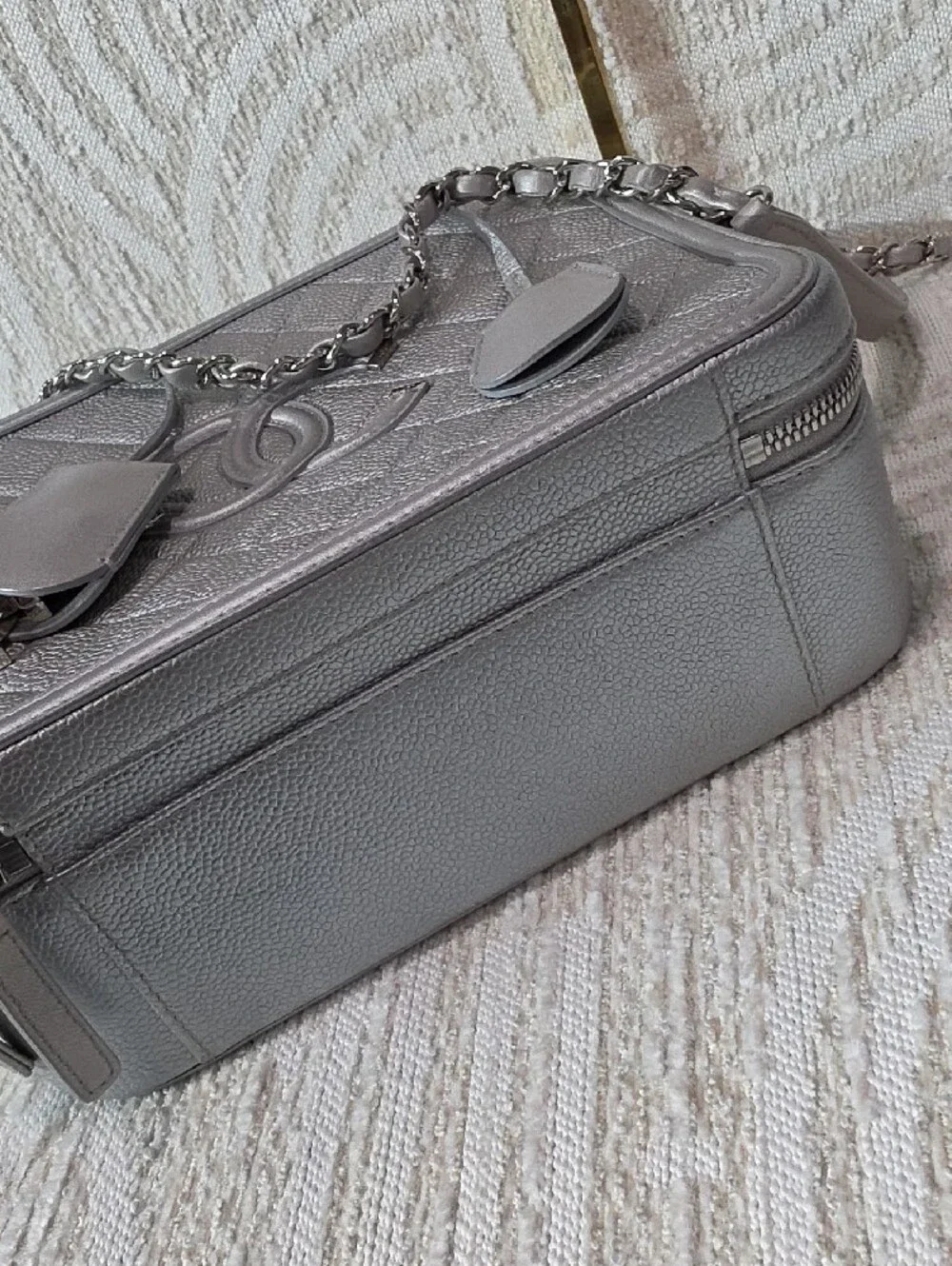CHANEL Silver Quilted Vanity-Style Large Camera Shoulder Bag